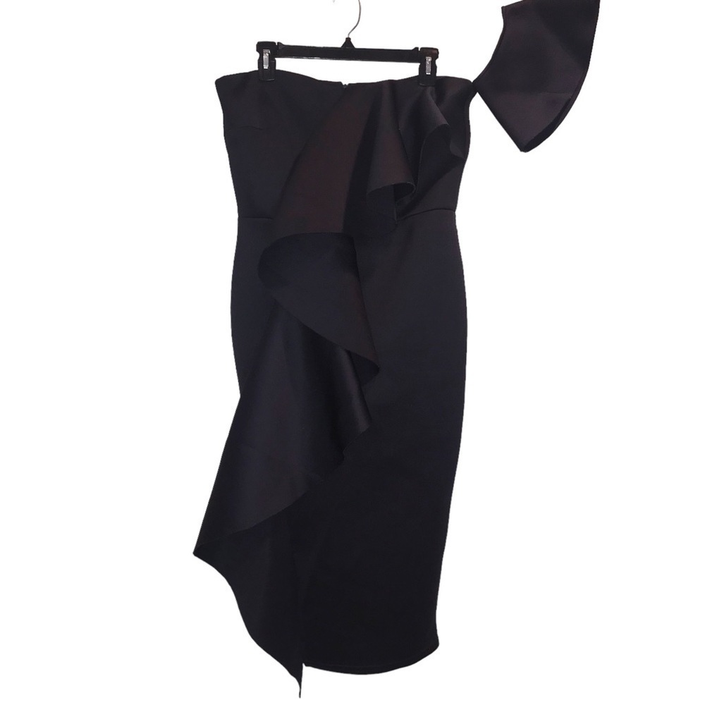 True Violet Ruffle Strapless One Arm Stretch Black MIDI Dress 16